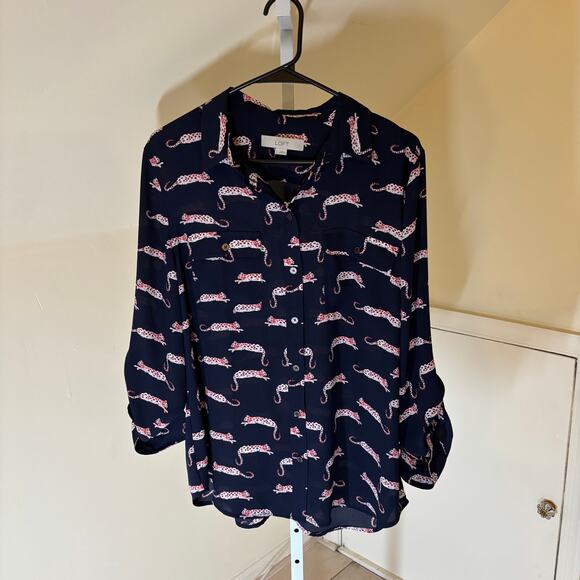 Loft EUC Women's Leopard Utility Blouse Navy Blue Pink Size L - Picture 2 of 6